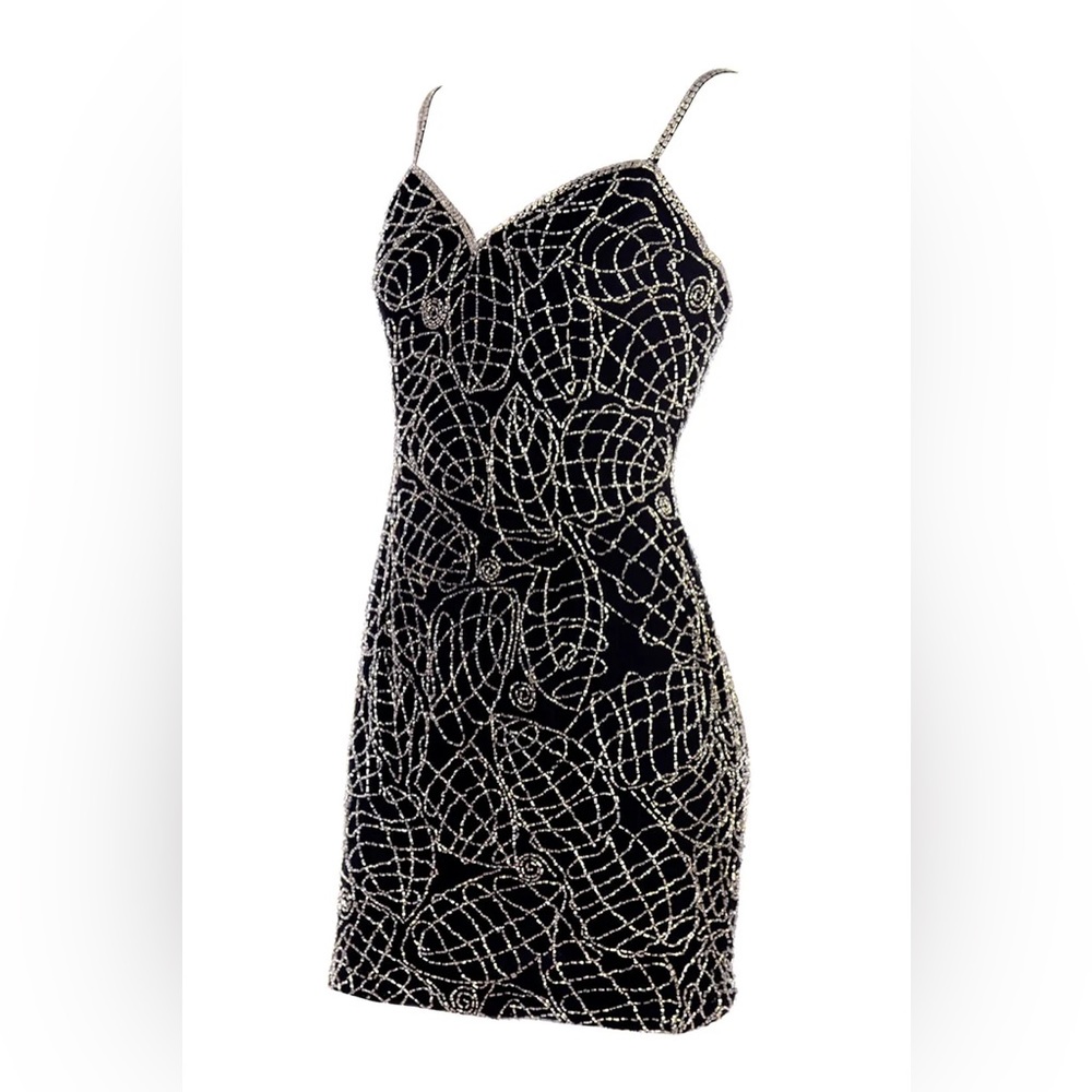 vintage 1990S BLACK SILK BODYCON DRESS W/ gold BEADS